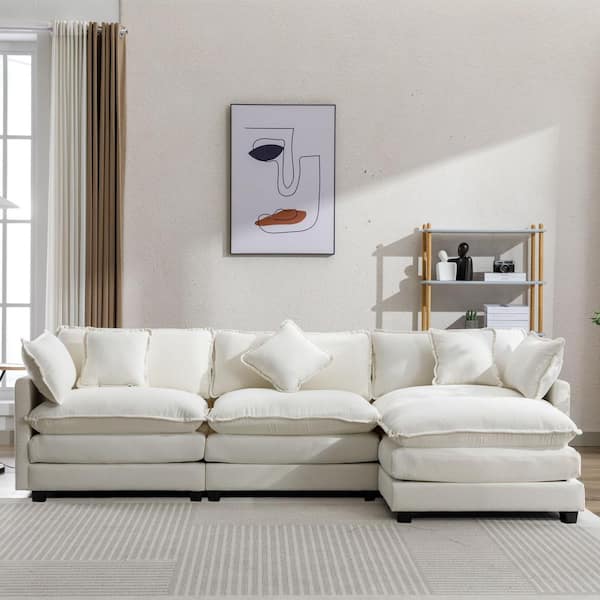 112.2 in Wide Square Arm Chenille L-Shaped Modern Upholstered Sofa in Beige
