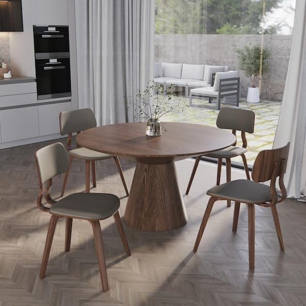 Leather Dining Chair with Poplar Wood Frame and Open Back Design Accent Side Chairs in Walnut/Light Grey