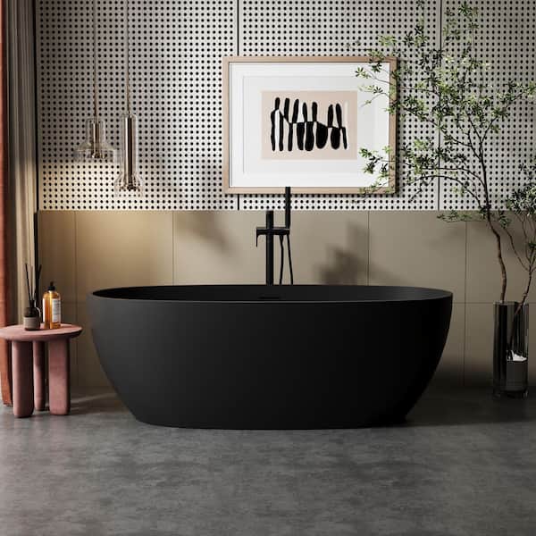 62 in. x 31 in. Oval Freestanding Solid Surface Soaking Bathtub with Center Drain in Matte Black