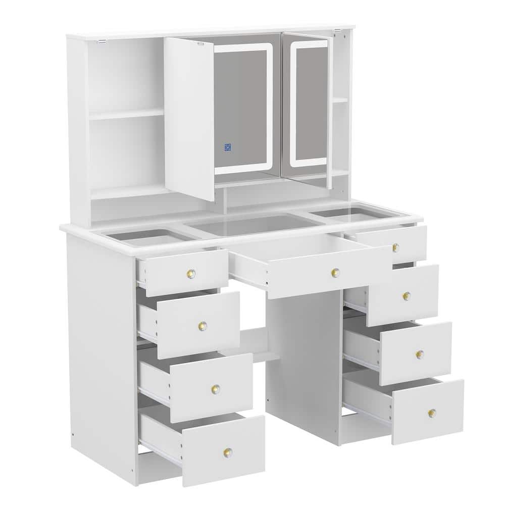 White Makeup Vanity Desk 9 Drawers Wood Dressing Table With 3 Mirrors, Glass Top, Hidden Storage Shelves, LED Lighted - thumbnail 5