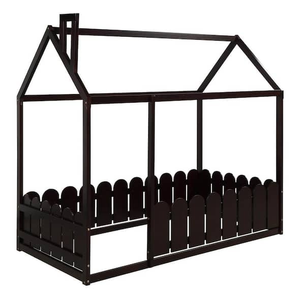 ATHMILE Espresso Twin Size Wood Bed House Bed Frame with Fence