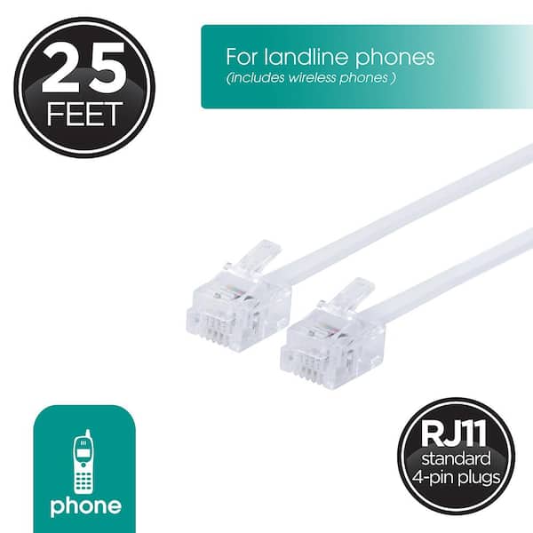 WHITE 1 TELEPHONE EXTENTION LINE CORD CABLE WIRE 25 FT 