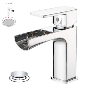 Waterfall Single Handle Single Hole Low-Arc Modern Bathroom Faucet Bathroom Drip-Free Vanity Faucet in Polished Chrome