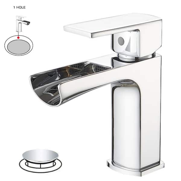 HOMEMYSTIQUE Single Handle Waterfall Single Hole Bathroom Faucet in Polished Chrome with Pop-Up Drain