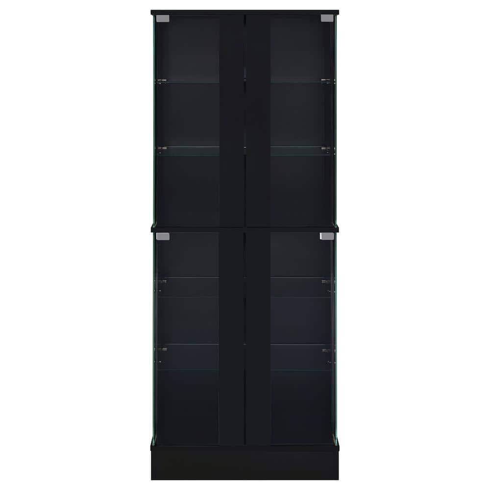 Black High Gloss Wood Curio Cabinet with Glass Shelves and LED Lighting