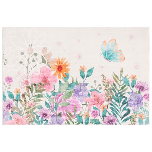 SAFAVIEH Door And Kitchen Mat Ivory/Pink 4 ft. x 6 ft. Machine Washable Floral Garden Area Rug