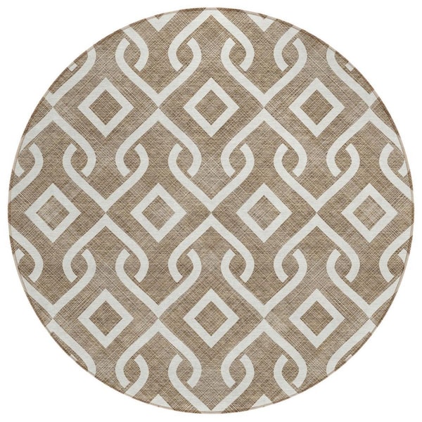 HomeRoots Brown, Ivory 8 ft. Round Woven Geometric Polyester Round ...