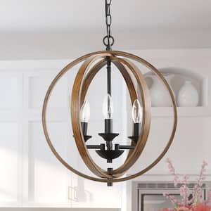 Farmhouse 3-Light Black Globe Chandelier Candlestick Faux Wood Accent Cage Pendant Chandelier for Kitchen Dining Room