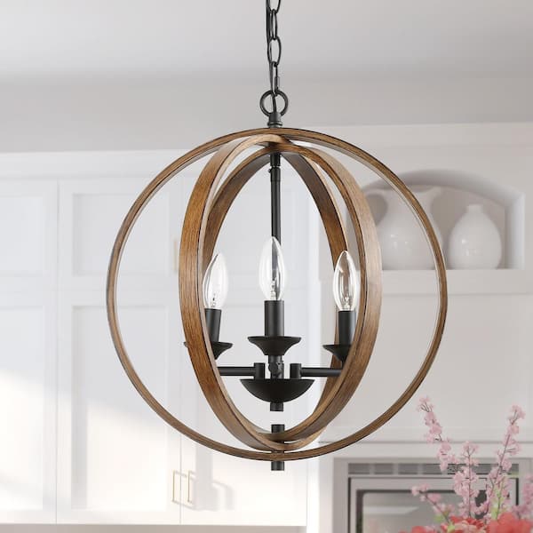 Farmhouse 3-Light Black Globe Chandelier Candlestick Faux Wood Accent Cage Pendant Chandelier for Kitchen Dining Room