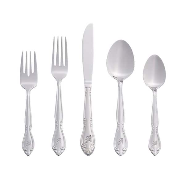 Rose Monogrammed Letter R 46-Piece Silver Stainless Steel Flatware Set (Service for 8)