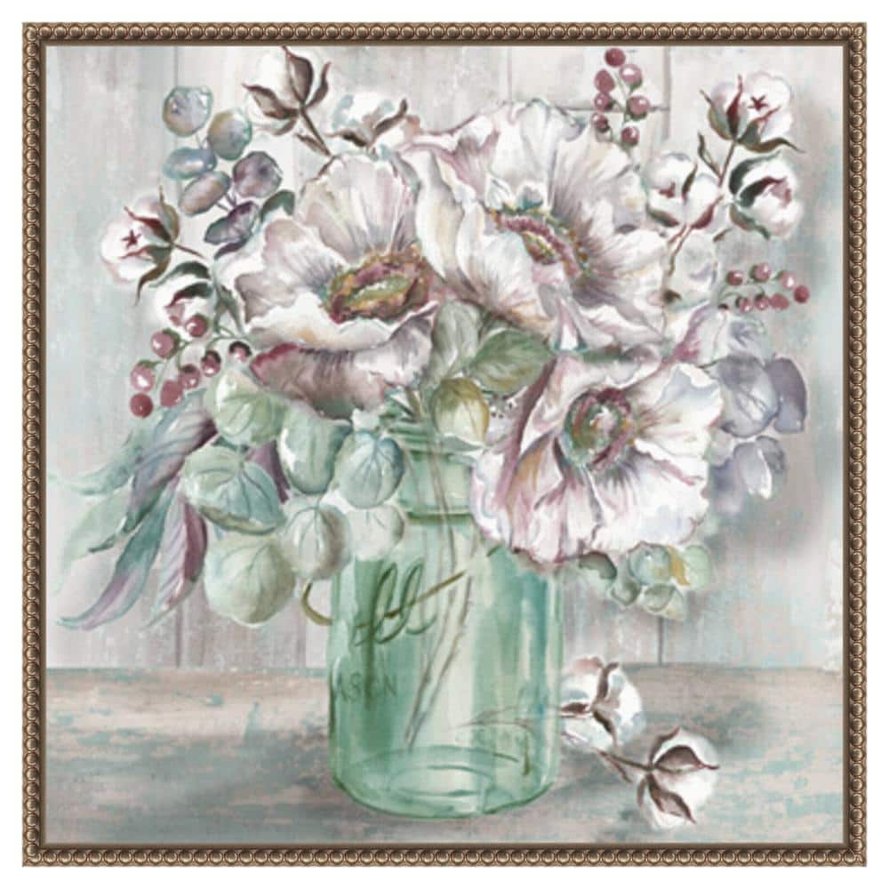 Blush Poppies and Eucalyptus in Mason Jar Canvas Print with Bronze Frame