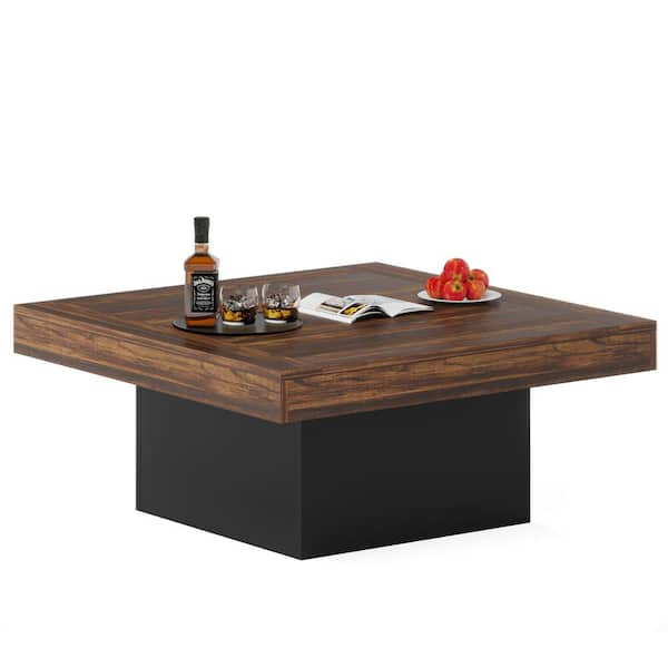 BYBLIGHT Allan 35 in. Rustic Brown Square Wood Coffee Table with Adjustable LED Light