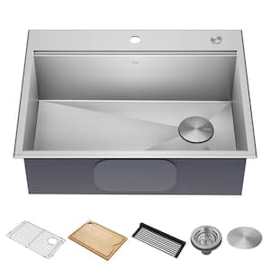 Kore Drop-In/Undermount 16-Gauge Stainless Steel 28 in. Single Bowl Workstation Kitchen Sink with Accessories