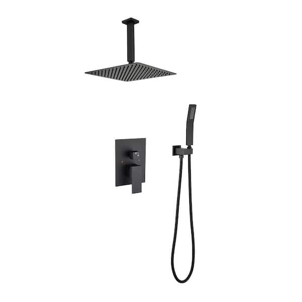 YONKI SUNSHIN INC Shower Faucets Sets 2-Spray Ceiling Mount 12 in. Wall Bar Shower Kit with Hand Shower in Matte Black Shower Combo System