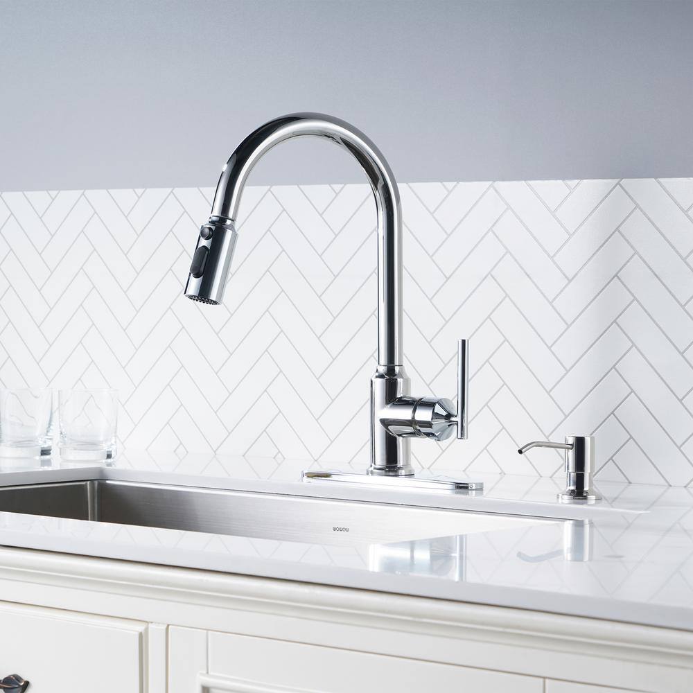 Polished Chrome Stainless Steel Pull Down Kitchen Faucet with Soap Dispenser
