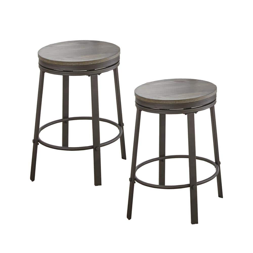 Gray Metal and Wood Swivel Backless Counter Stool, Set of 2