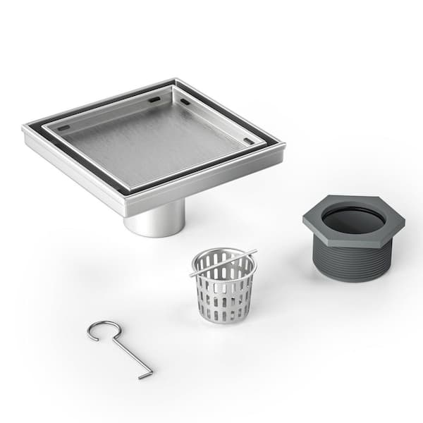 1-Piece Bath Hardware Set Square Bathroom Shower Drain with Tiled Insert Grate and Hair Strainer in Brushed Nickel