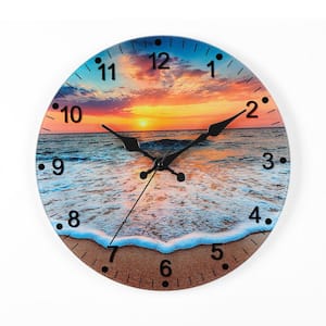 12 in. Beach Analog Non Ticking Blue Glass Wall Clock