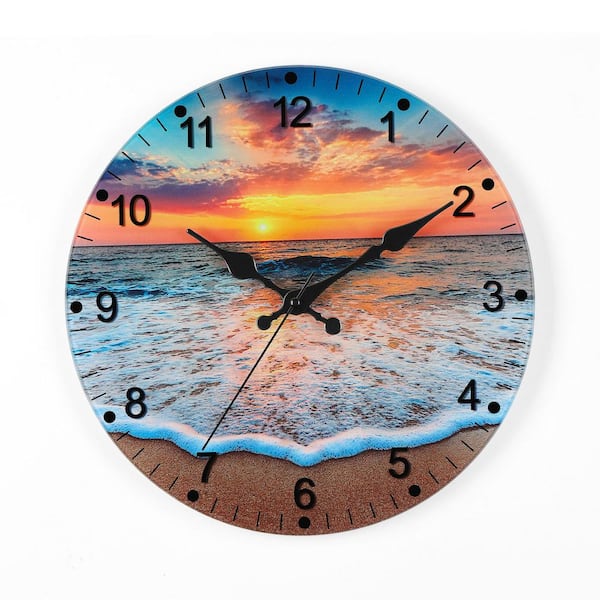 Oumilen 12 in. Beach Analog Non Ticking Blue Glass Wall Clock