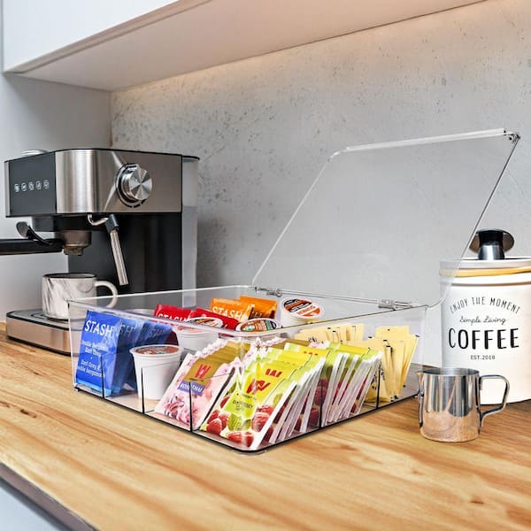 Clear Tea Bag Organizer, Stackable Tea Bag Storage Organizer with 12-Compartments and Hinged Lid (Set of 1)