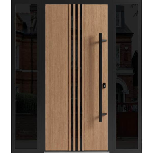 VDOMDOORS 1055 60 in. x 80 in. Left-hand/Inswing 2 Sidelight Tinted Glass Teak Steel Prehung Front Door with Hardware