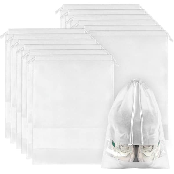 White Breathable Shoe Bags w/ Clear Window, 12-Pack Large Drawstring Travel Luggage Organizers for Shoes and Accessories
