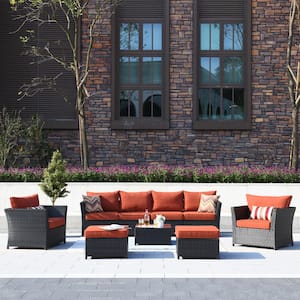 Rimaru 9-Piece Wicker Outdoor Patio Conversation Seating Set With Orange Red Cushions