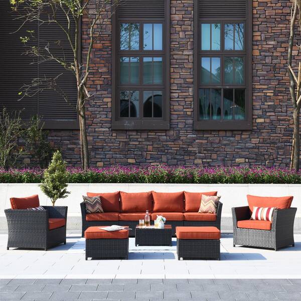 OVIOS Rimaru 9-Piece Wicker Outdoor Patio Conversation Seating Set With Orange Red Cushions