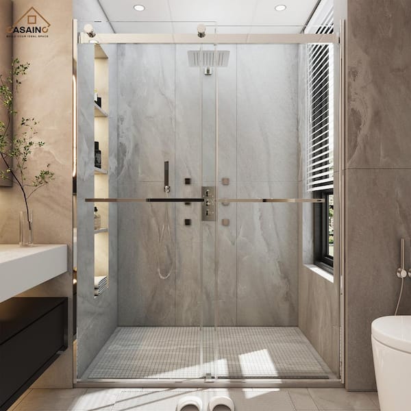 CASAINC 48 in. W x 76 in. H Frameless Double Sliding Shower Door in Chromed with Clear Shower Glass