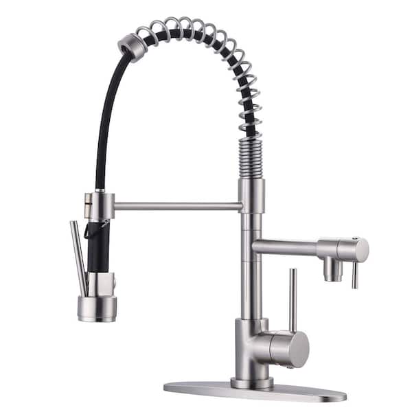 WOWOW Brushed Nickel Single Handle Pull Down Sprayer Kitchen Faucet with Advanced Spray, Pull Out Spray Wand in Solid Brass