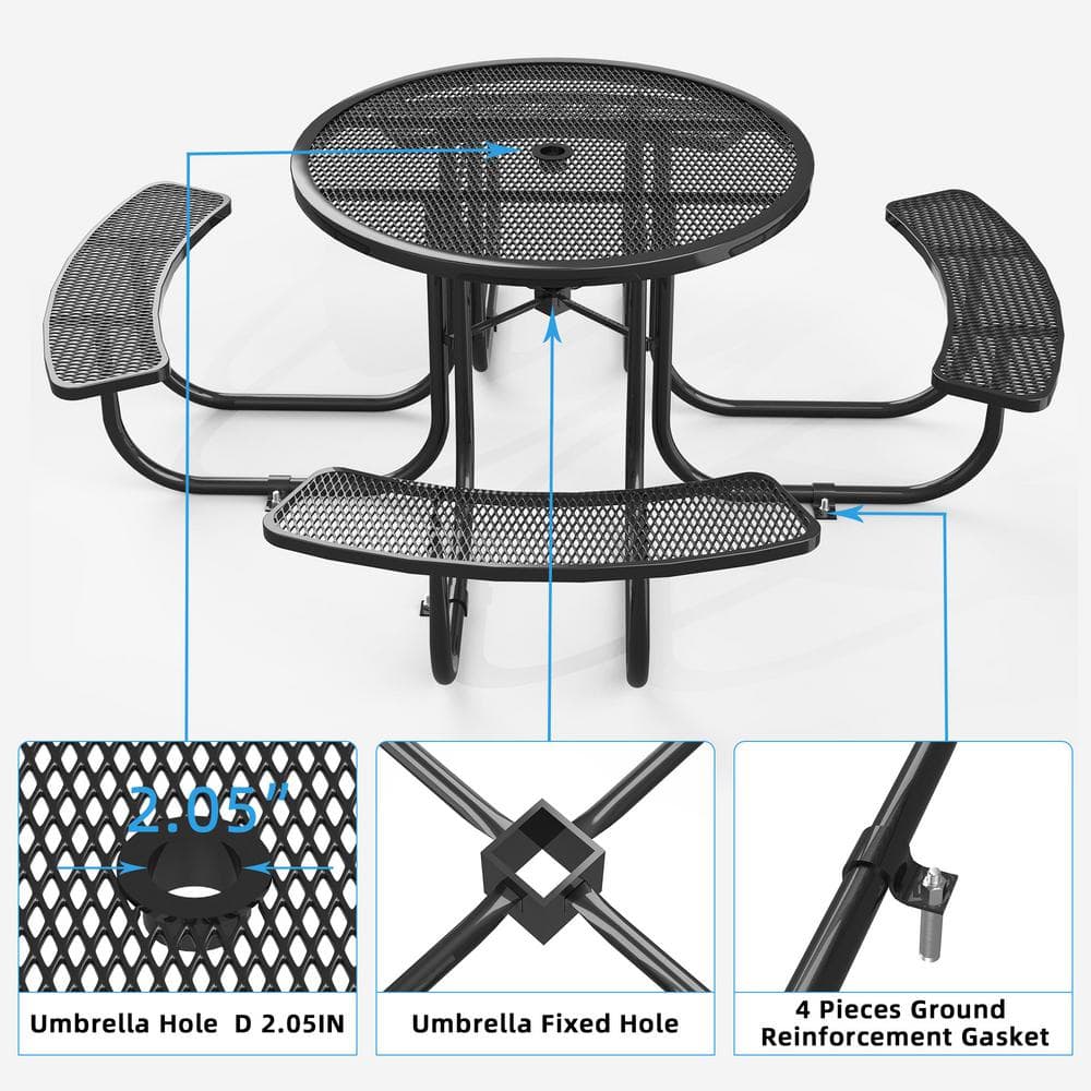 Black Round Steel Outdoor Picnic Table with Attached Benches