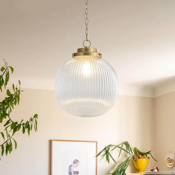 60-Watt 1-Light Brushed Gold Mid-Century Modern Globe Pendant Light with Striped Glass Shade, No Bulbs Included