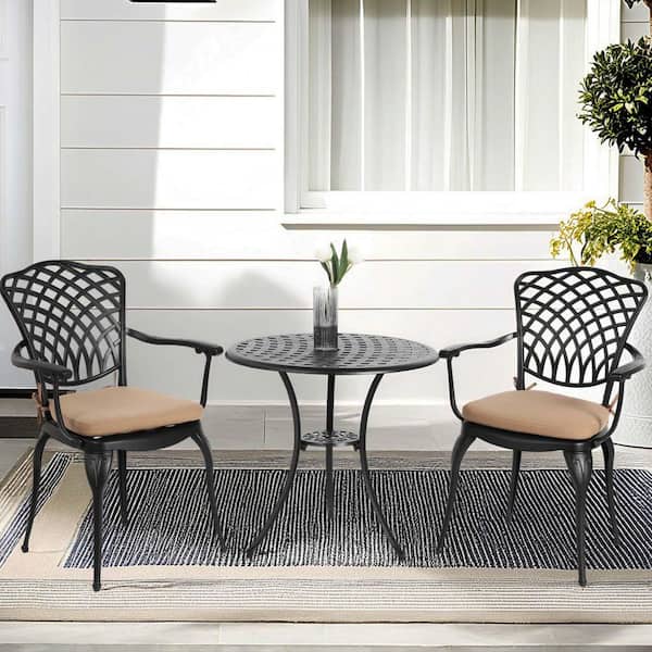 3-Piece Black Cast Aluminum Round Table Outdoor Bistro Set with Umbrella Hole and Cushion