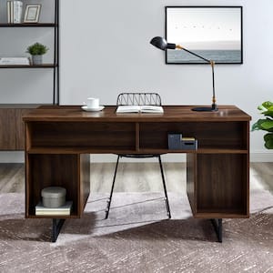 54 in. Rectangular Dark Walnut Wood and Metal 2-Drawer Double Sided Executive Desk