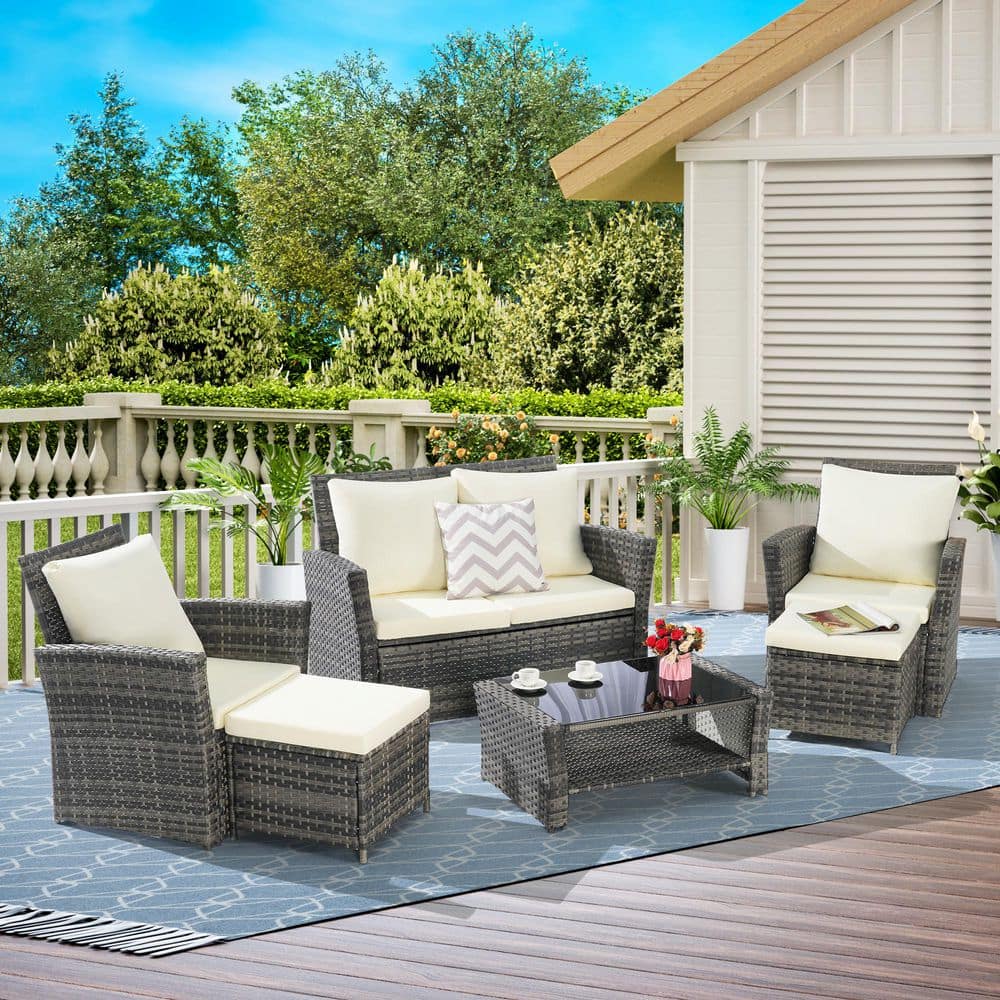6-Piece Wicker Patio Conversation Set with Beige Cushions and Coffee Table