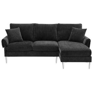 84 in. L-Shaped Convertible Chenille Sectional Sofa in. Black with Reversible Chaise Lounge