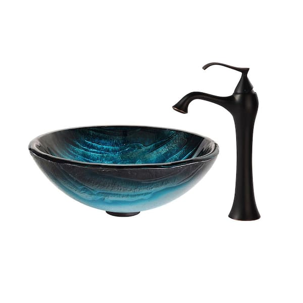 KRAUS Ladon Glass Vessel Sink in Blue with Ventus Faucet in Oil Rubbed Bronze