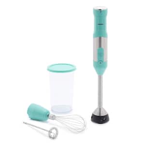 Variable-Speed Electric Handheld Stick Immersion Blender in Turquoise with Frother, Whisk, Measuring Cup and Lid