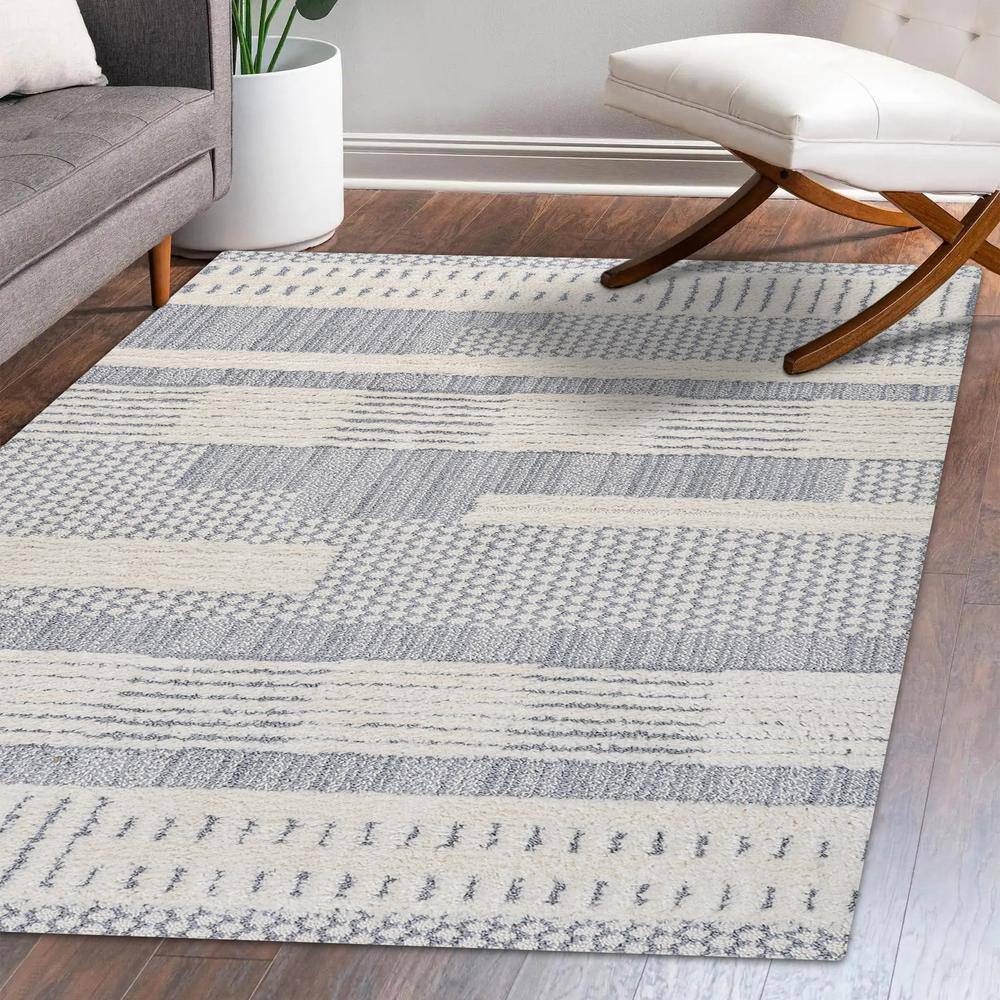 Gray and Cream Geometric High-Low Shag Area Rug
