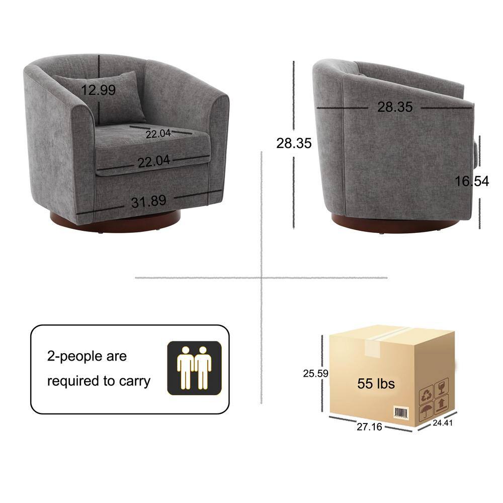 Gray Chenille Swivel Barrel Accent Chair with Wood Base