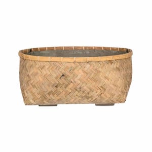 24.80 in. W x 10.63 in. H XL Round Cement/Bamboo Wood Nala Low Planter, Modern Bamboo Garden Decor, Natural Bamboo