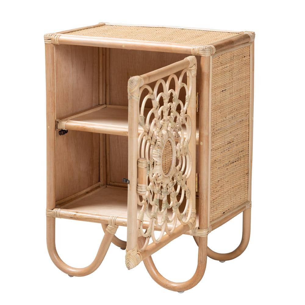 Acelin Natural Brown Rattan Bohemian Nightstand with Curved Legs