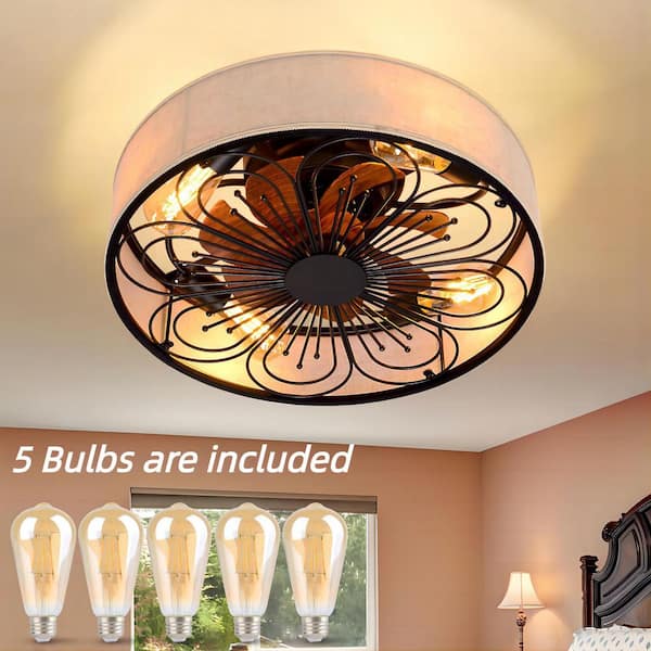 19.6 in. Indoor Black Industrial Caged Farmhouse Flush Mount Ceiling Fan with Light Remote Control 6-Speed Reversible