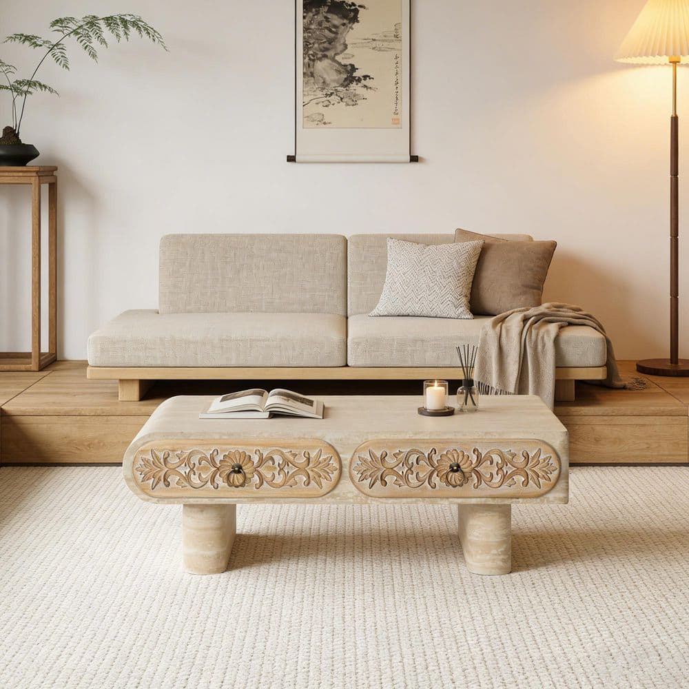 Estrel 39.37 in. Beige and Yellow Rectangle MDF Wood Coffee Table with Flower Pattern Drawers