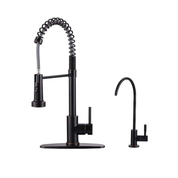 19 in. H Single Handle Pull Down Sprayer Kitchen Faucet with Drinking Water Faucet and 360° Swivel Spout in Brozne