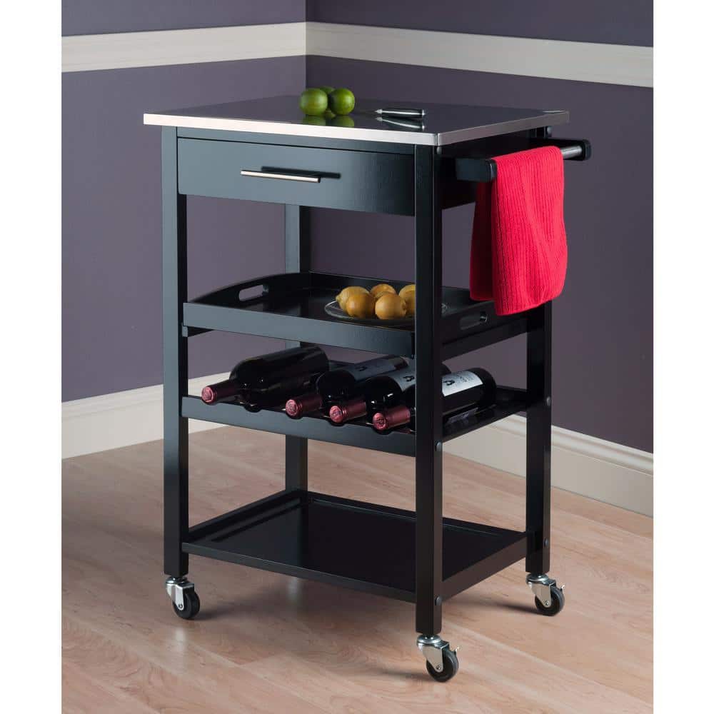 Black Stainless Steel Top Kitchen Cart with Wine Rack