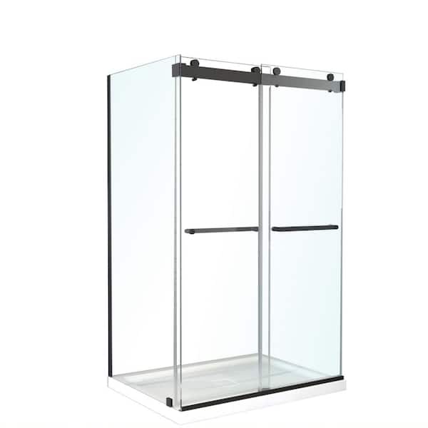 Madou 36 in. L x 48 in. W x 75 in. H Corner Shower Kit Sliding Shower Door and Center Drain Shower Pan in Black