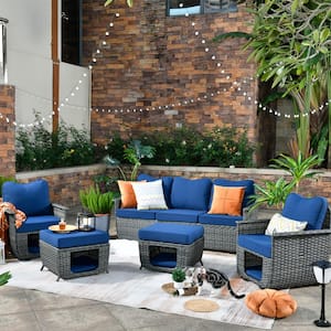 Fortune Dark Gray 5-Piece Wicker Outdoor Patio Conversation Seating Set with Navy Blue Cushions