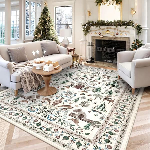 Washable Vintage Christmas Woodland Cabin Pattern Non Slip Beige 8 ft. x 10 ft. Living Room/Bedroom Indoor Area Rug
