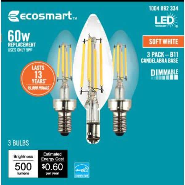 EcoSmart 60-Watt Equivalent B11 Dimmable LED Light Bulb Soft White (3-Pack)